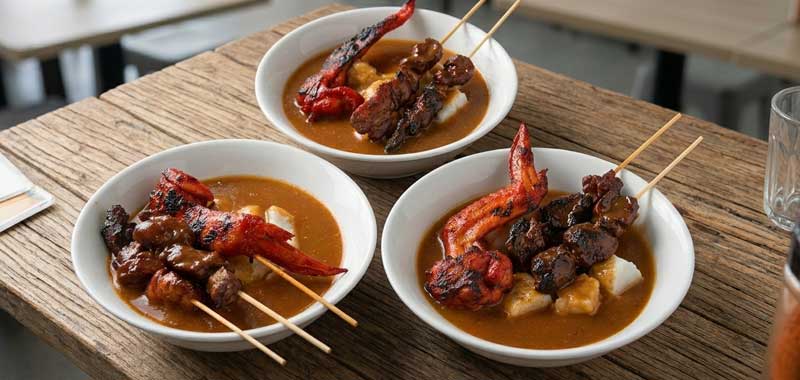 Satti skewers with puso rice, a Zamboanga breakfast dish