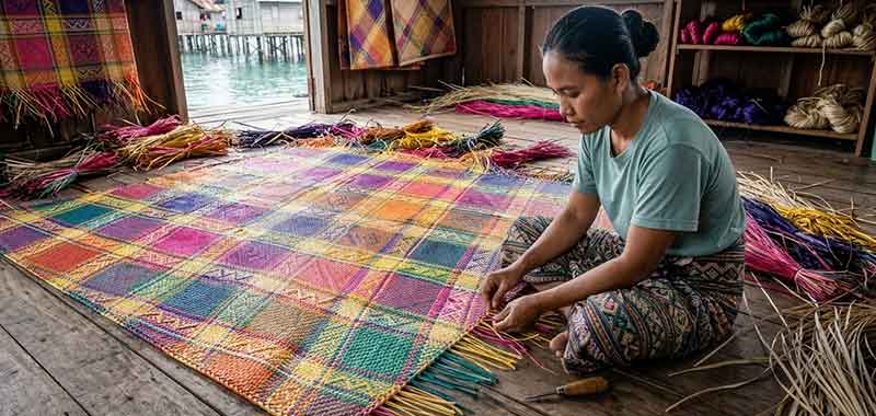 Badjao weaver hand weaving a traditional banig mat, Bongao, Tawi-Tawi